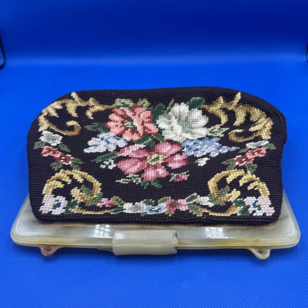 Vintage Needlepoint Floral Lucite Frame Handbag Christine Custom Bags Tapestry
